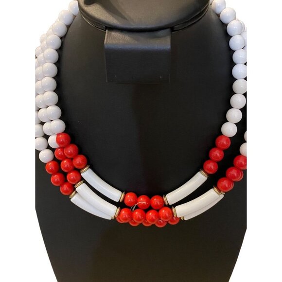 Red White Triple Strand Vintage 1960s Acrylic Beaded Statement Necklace 19" - Picture 3 of 8